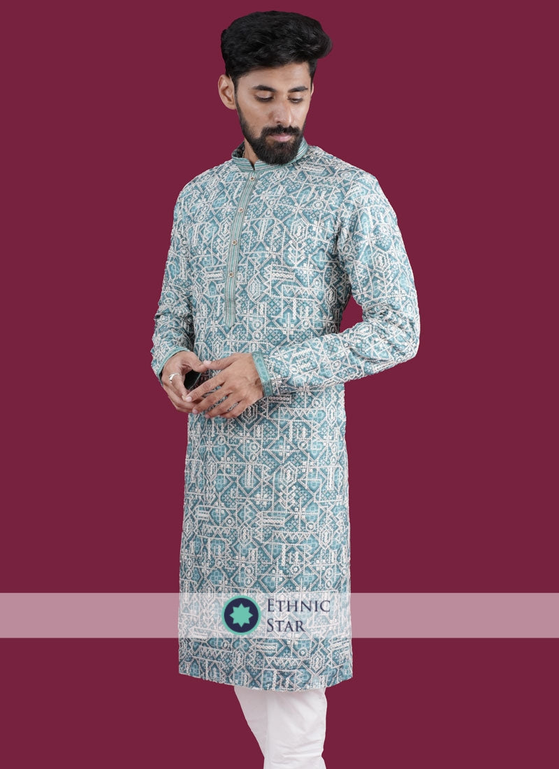 Pista Green Festive Mens Cotton Silk Kurta Pajama