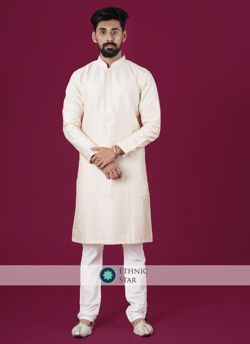 Cream Readymade Silk Kurta Pajama Set