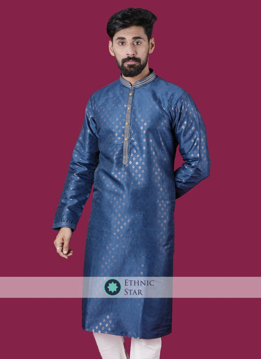 Zari Work Wedding Wear Kurta Pajama In Blue Color