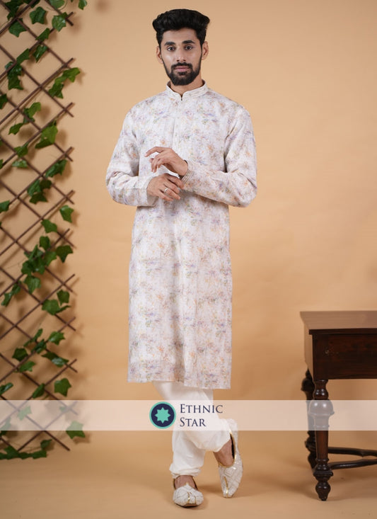 Readymade Yellow Fancy Printed Kurta Pajama For Men