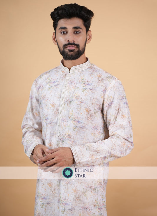 Readymade Yellow Fancy Printed Kurta Pajama For Men