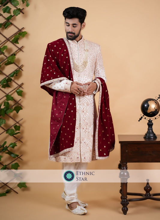 Cream Sherwani Set In Silk With Embroidery