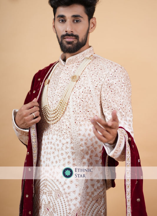 Cream Sherwani Set In Silk With Embroidery