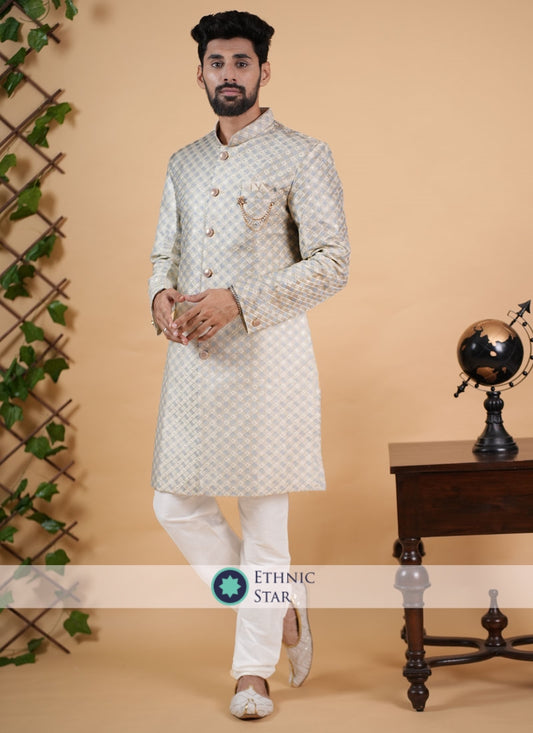 Traditional Cream Color Indowestern In Silk