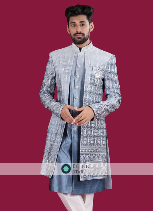 Wedding Wear Grey Jacket Style Indowestern Set