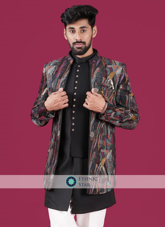 Designer Black Jacket Style Indowestern In Imported