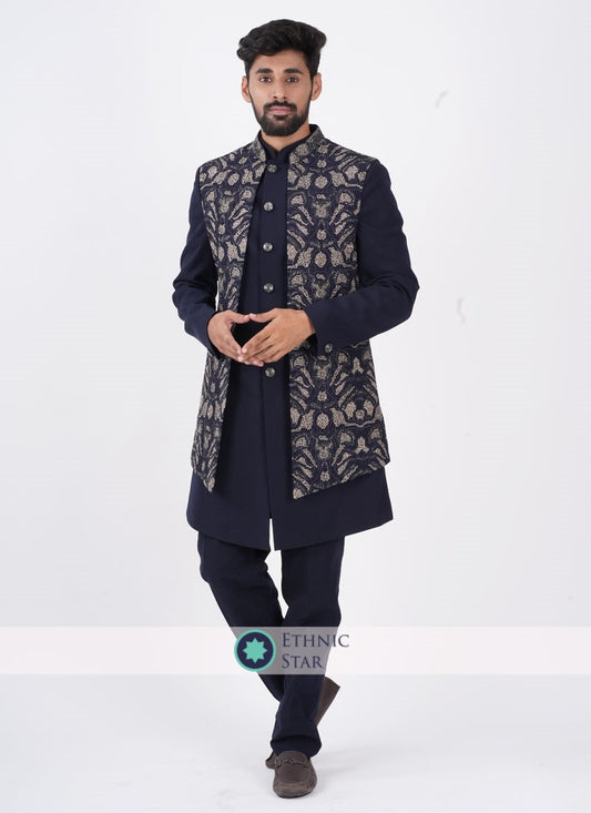 Jacket Style Navy Blue Indowestern In Silk