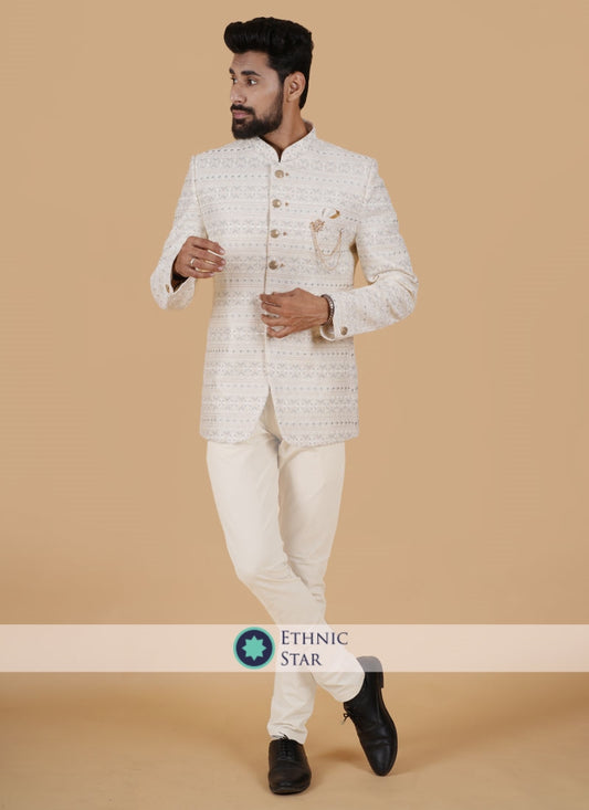 Cream Color Embroidered Silk Jodhpuri Suit