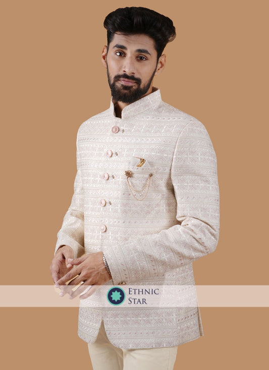 Cream Embroidered Designer Jodhpuri Suit