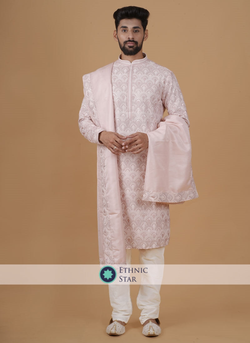 Readymade Peach Embroidered Kurta Pajama For Men