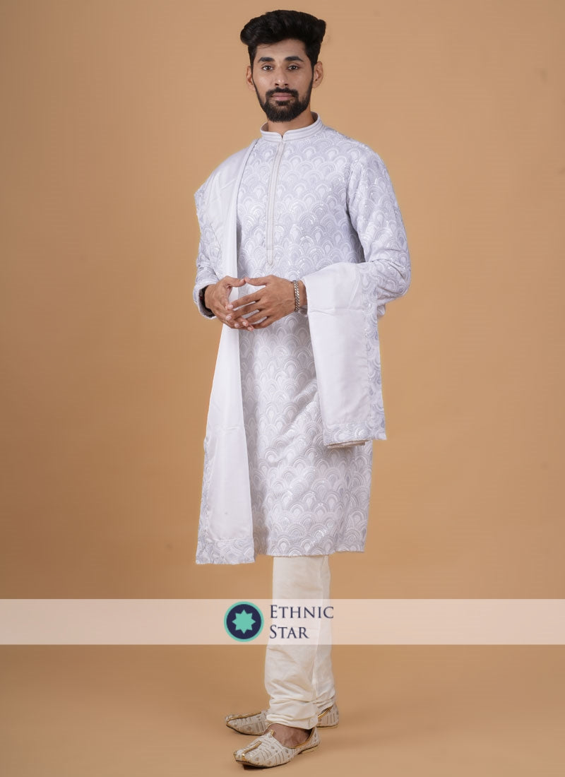 White Color Mens Embroidered Kurta Pajama