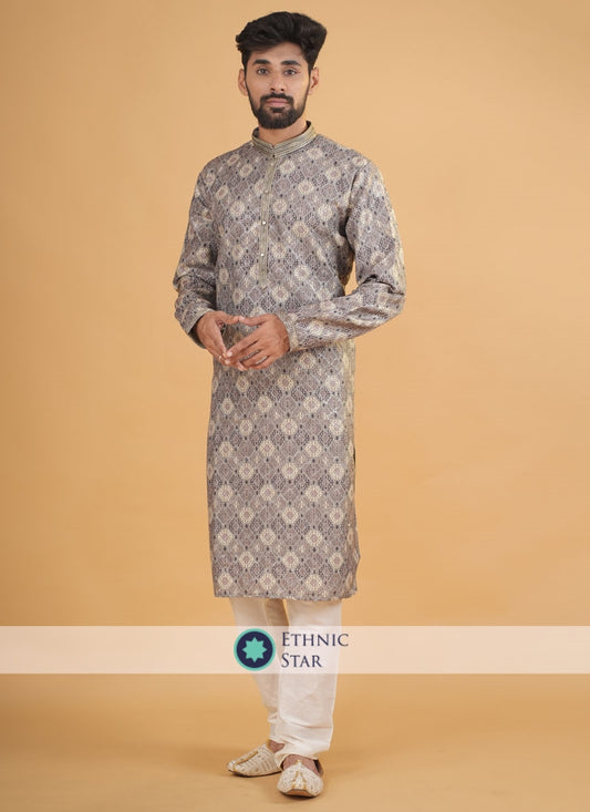 Readymade Pista Green Silk Printed Kurta Pajama