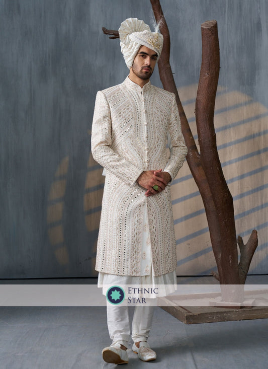 White Embroidered Groom Sherwani Set In Silk