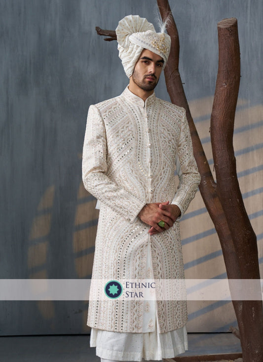 White Embroidered Groom Sherwani Set In Silk