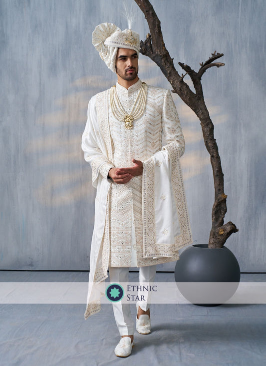 Embroidered White Designer Wedding Sherwani