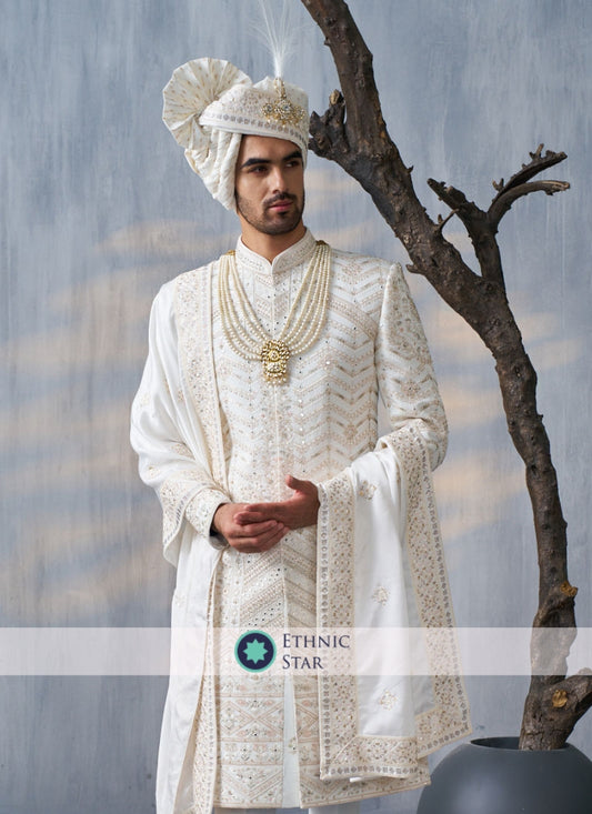 Embroidered White Designer Wedding Sherwani