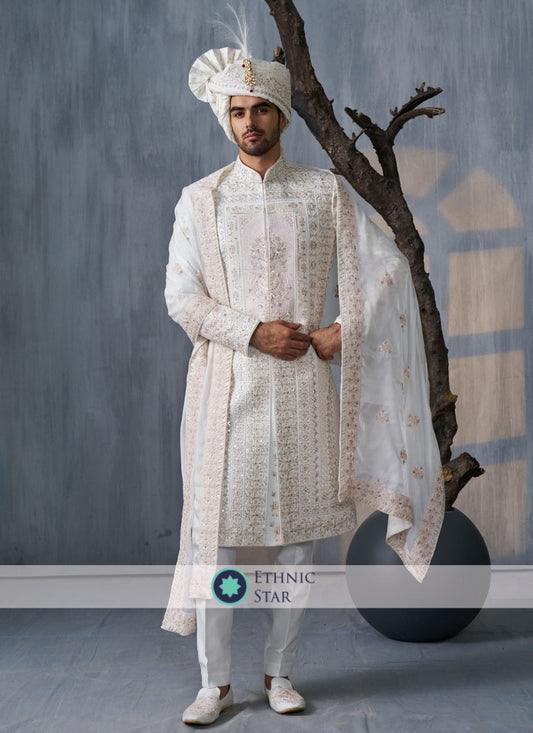 Off White Sherwani In Silk With Embroidered Dupatta