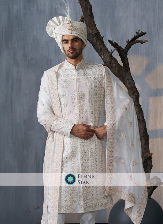 Off White Sherwani In Silk With Embroidered Dupatta