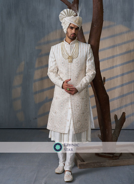 Anarkali Style Groom Embroidered Sherwani In Off White Color