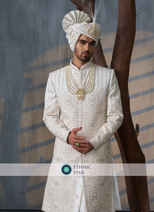 Anarkali Style Groom Embroidered Sherwani In Off White Color