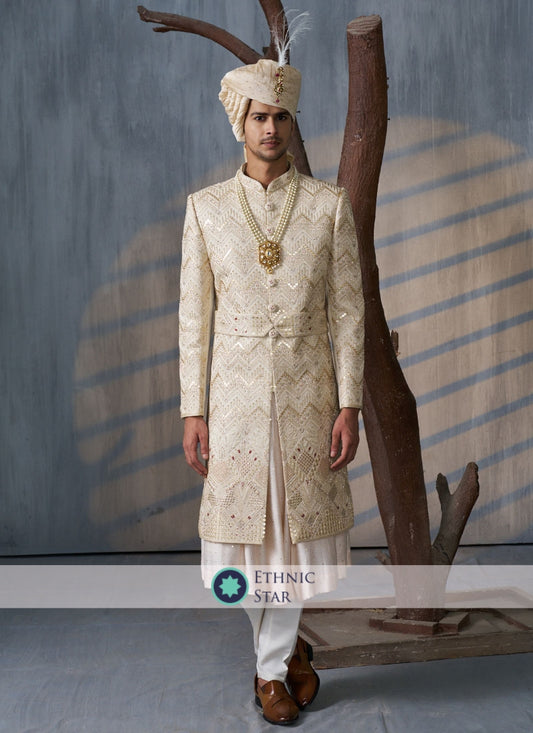 Golden Anarkali Style Embroidered Groom Sherwani