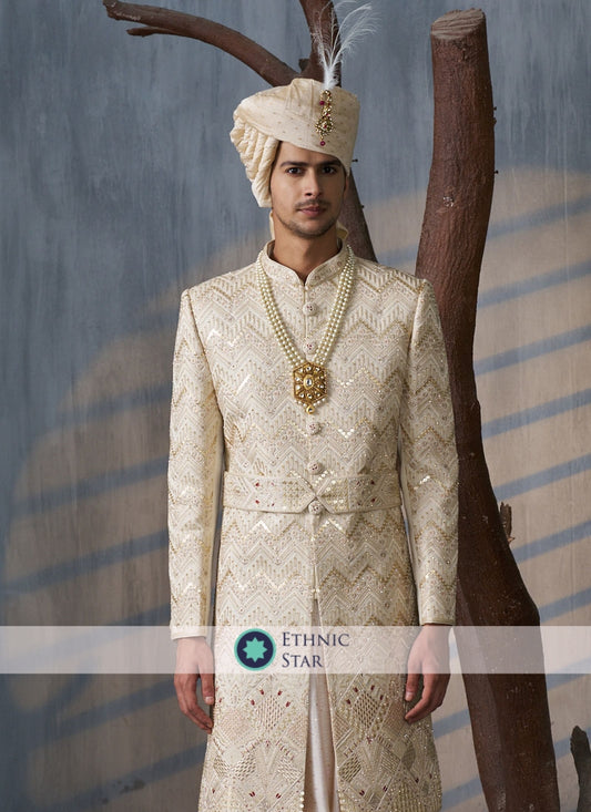 Golden Anarkali Style Embroidered Groom Sherwani