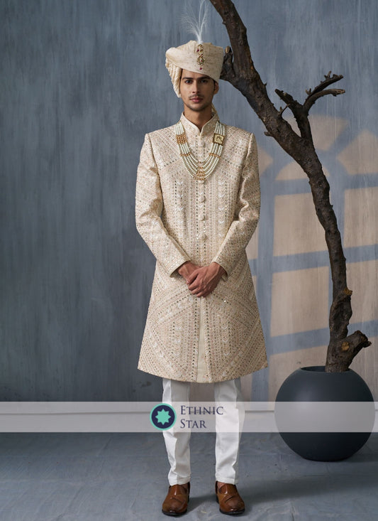 Golden Cream Stylish Embroidered Silk Sherwani