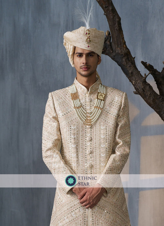 Golden Cream Stylish Embroidered Silk Sherwani