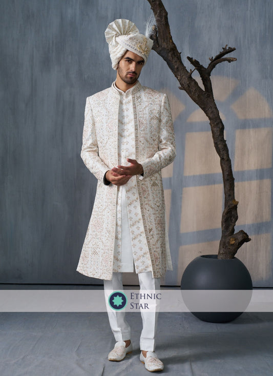 Jacket Style Off White Designer Silk Sherwani For Groom