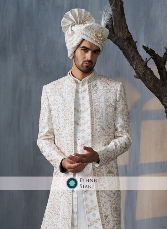 Jacket Style Off White Designer Silk Sherwani For Groom