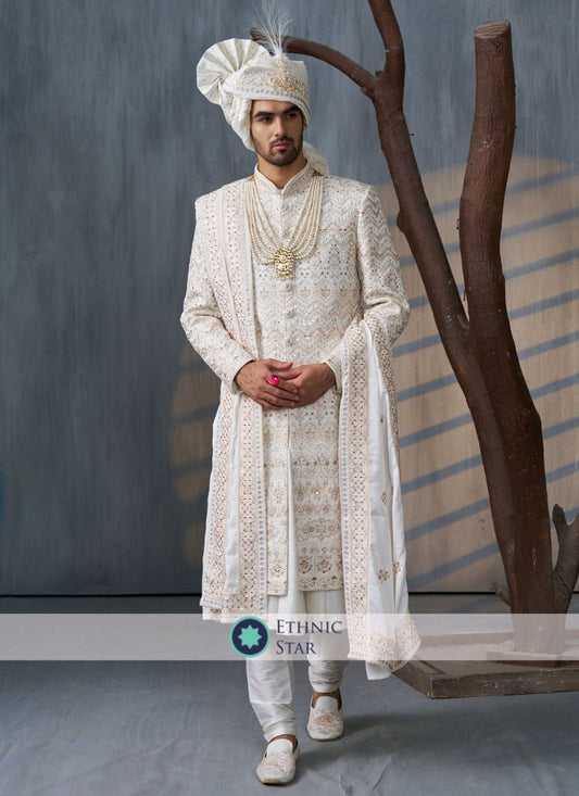 Off White Anarkali Style Wedding Embroidered Sherwani Set