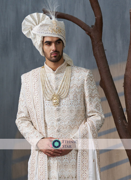 Off White Anarkali Style Wedding Embroidered Sherwani Set