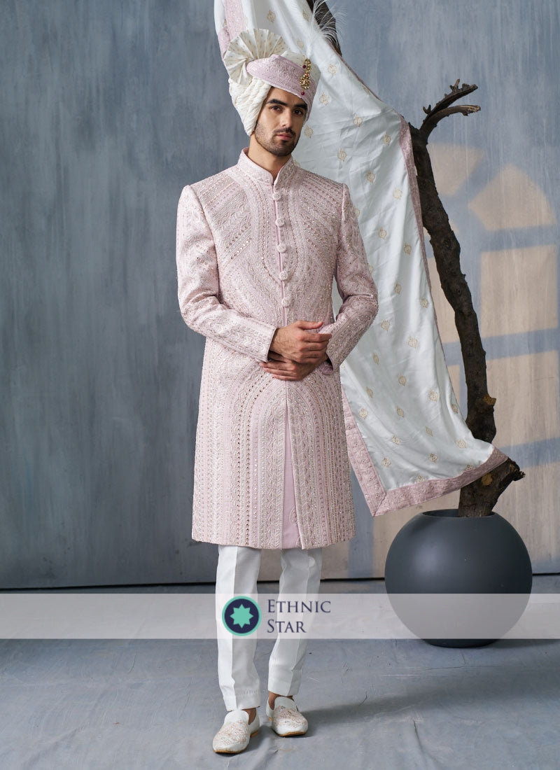 Wedding Wear Light Pink Embroidered Sherwani For Groom