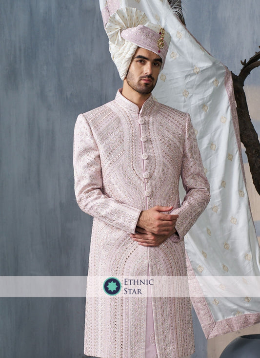 Wedding Wear Light Pink Embroidered Sherwani For Groom