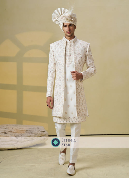 Groom Embroidered Jacket Style Sherwani Set In Silk