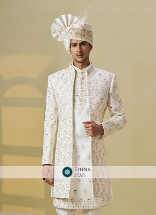 Groom Embroidered Jacket Style Sherwani Set In Silk