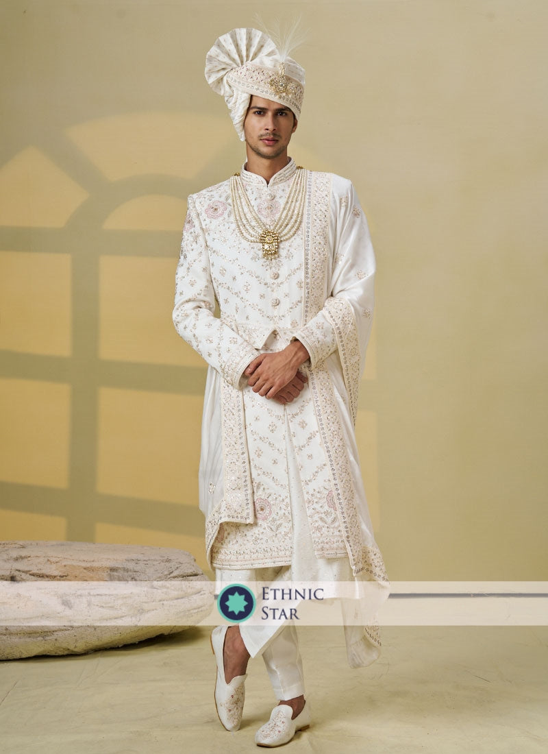 Off White Sherwani Set In Silk