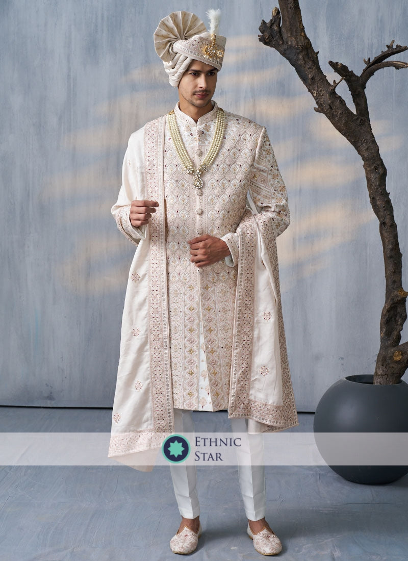 Off White Embroidered Sherwani Set