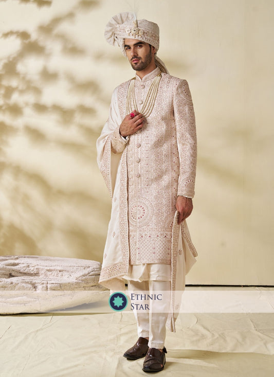 Silk Embroidered Cream Color Designer Sherwani