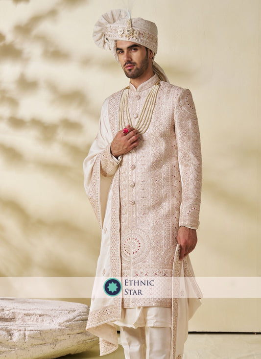 Silk Embroidered Cream Color Designer Sherwani