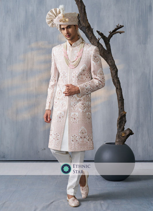 Silk Off White Embroidered Sherwani For Groom