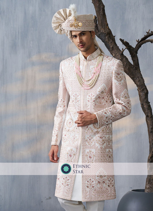 Silk Off White Embroidered Sherwani For Groom