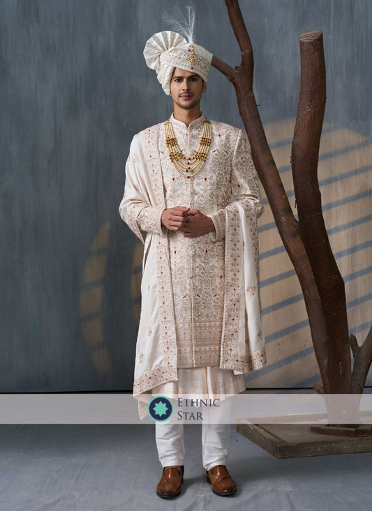 Silk Embroidered Cream Sherwani With Dupatta