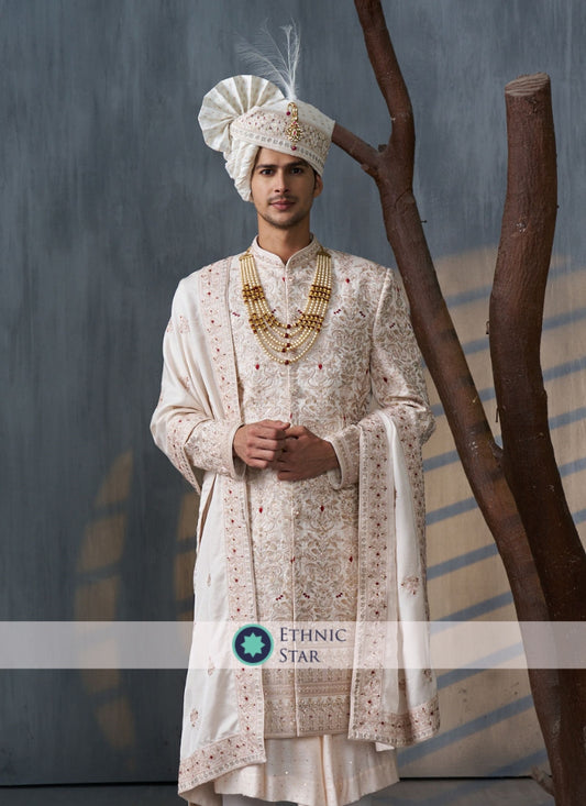 Silk Embroidered Cream Sherwani With Dupatta