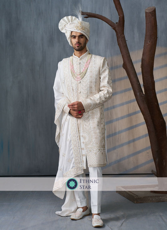 White Embroidered Sherwani For Wedding