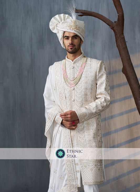 White Embroidered Sherwani For Wedding