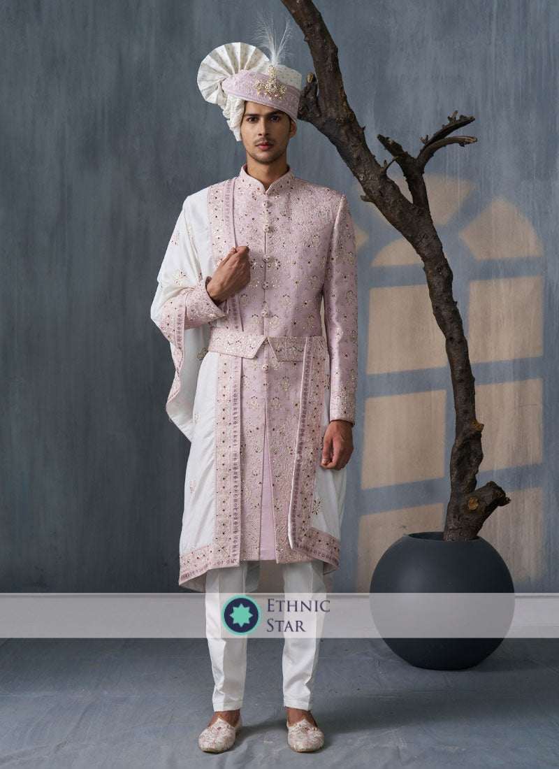 Wedding Wear Groom Embroidered Pink Sherwani