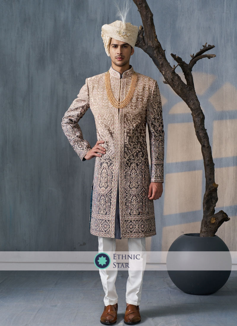 Designer Heavy Embroidered Shaded Color Velvet Sherwani