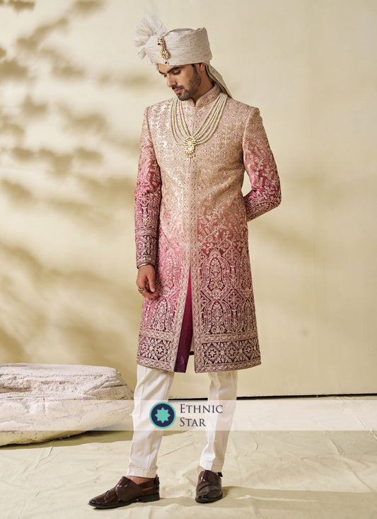 Heavy Embroidered Velvet Sherwani In Purple