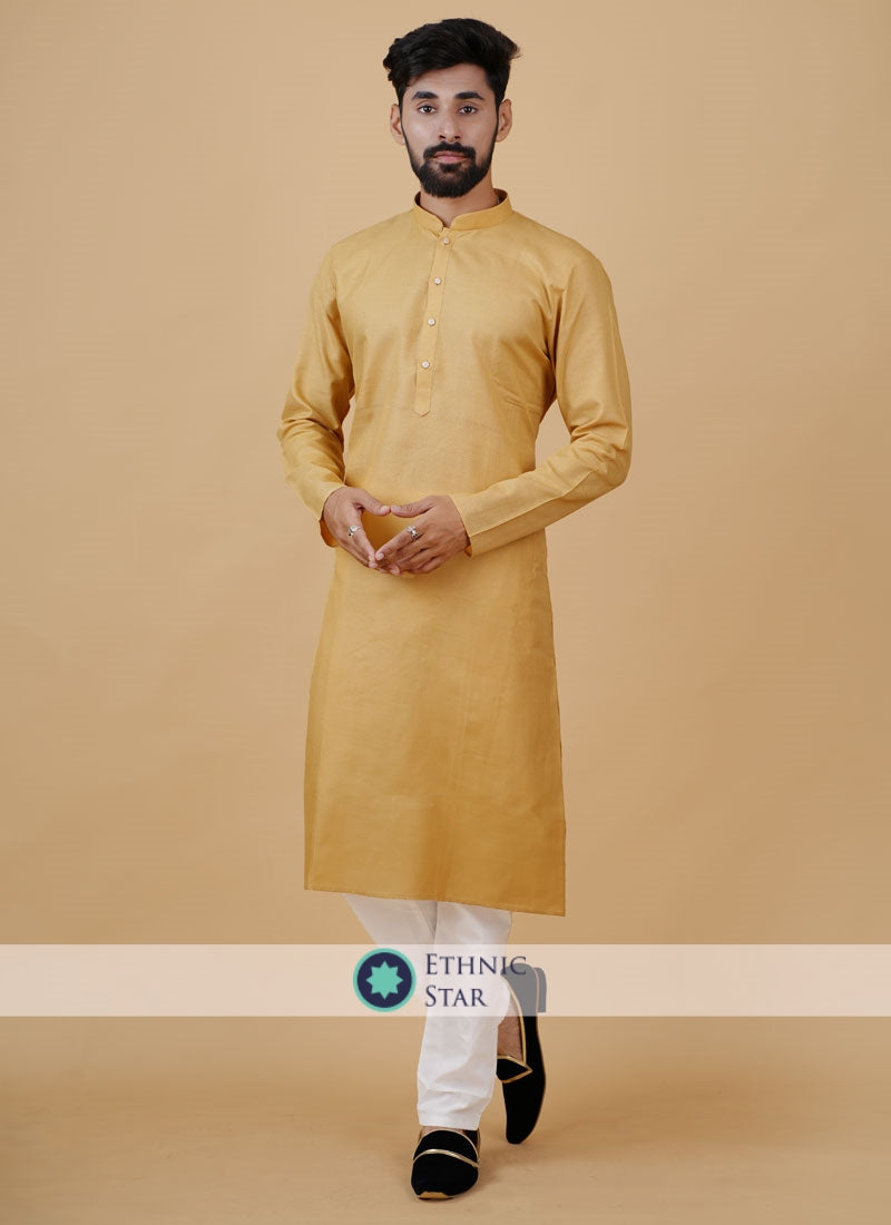 Festive Wear Fawn Kurta Pajama In Cotton